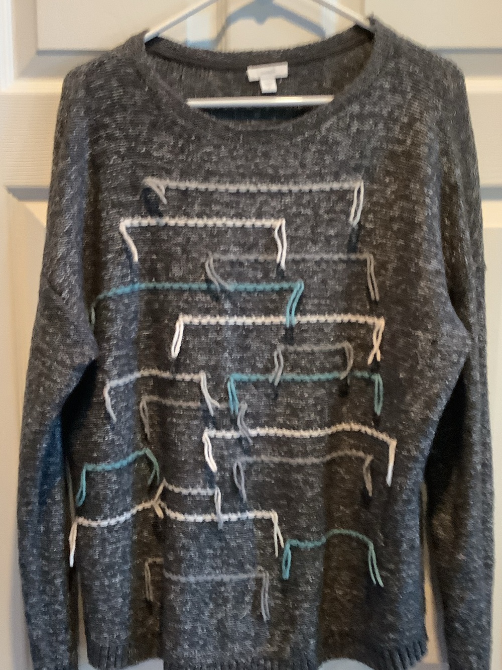 J. Jill Heather Gray Crewneck Sweater with Teal and White Accents